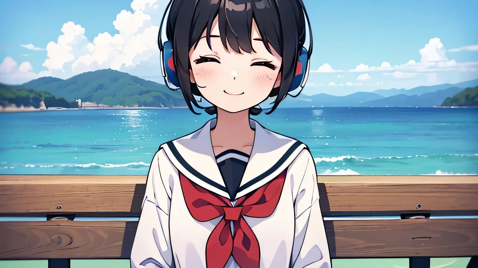 1girl, solo, , flat chest, short hair, black hair, gentle smile on her face((masterpiece, illustration, best quality) Girl in sailor suit、Bob hairstyle, a smil、Sitting on a bench with the sea in the background, closing her eyes while wearing white headphones, only upper body
