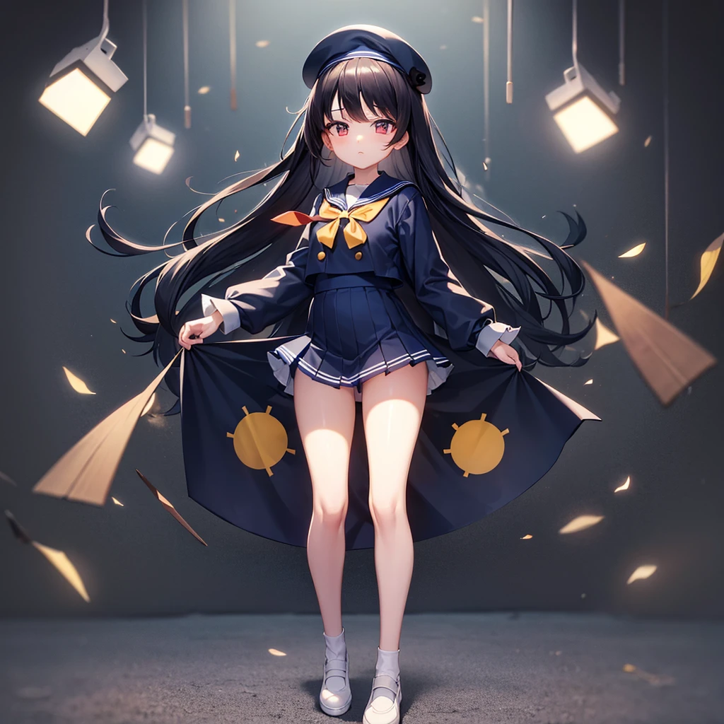 (Sailor suit),(((Navy Mini Skirt))),Revealing clothing,beret,,Cute little ,Tiny ,Small girl,,Childish face, Very fine clean face,Top quality, Big eyes,Straight Hair,Yellow hair,Crimson Eye,(Dark Room), Subtle light, Natural light,Soft lighting,Light from directly behind, (Are standing), Cute pose, (Open your hands), Showing the whole body,Front view,Black background