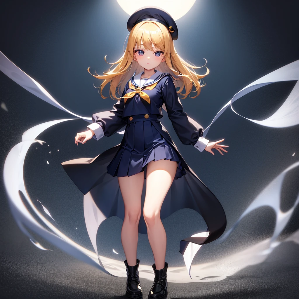 (Sailor suit),(((Navy Mini Skirt))),Revealing clothing,beret,,Cute little ,Tiny ,Small girl,,Childish face, Very fine clean face,Top quality, Big eyes,Straight Hair,Yellow hair,Crimson Eye,(Dark Room), Subtle light, Natural light,Soft lighting,Light from directly behind, (Are standing), Cute pose, (Open your hands), Showing the whole body,Front view,Black background