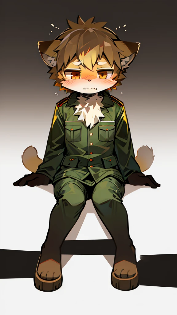 One light yellow cat, furry, kemono, military clothing, drunk, using brown ushanka, brown eyes, angry, fullbody, sitting, ears hiding by ushanka, white background, pale colors, detailed lineart, flat colors, cute, concept