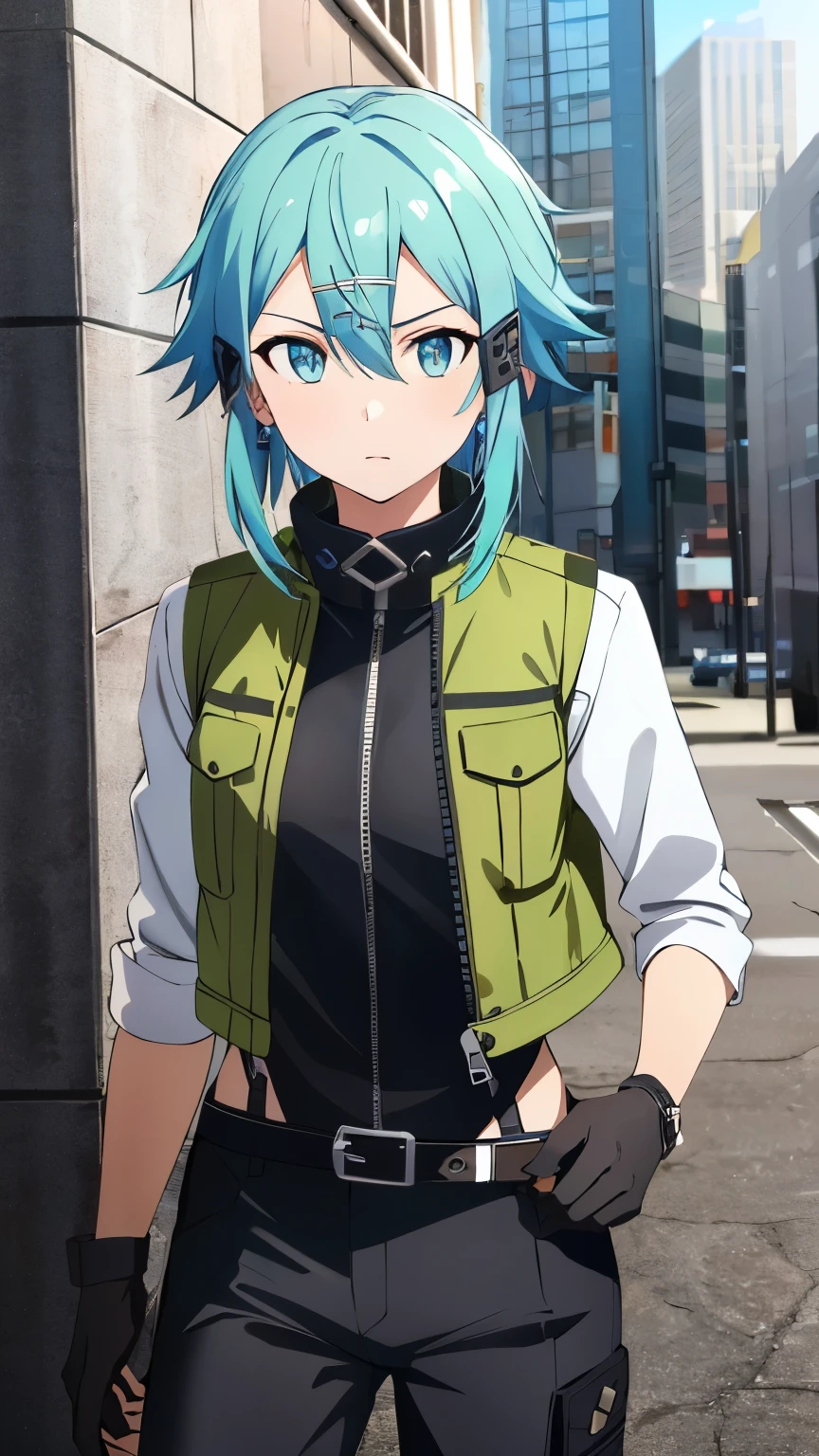 (Top Quality, Masterpiece, 8k:1.2), Ultra Detailed, High Resolution, Anime, 1 Girl, Solo, EPsoaSinon, Short Hair, Light Blue Hair, Detailed Jewel Eyes, Hair Between Eyes, (Hair Accessory:1.2), Hair Clip, Side Locks, (Urban Samurai outfit, techwear jacket, black gloves, tactical vest with buckles and tapes, black pants), dynamic Angle, Cowboy Shot,looking at viewer,