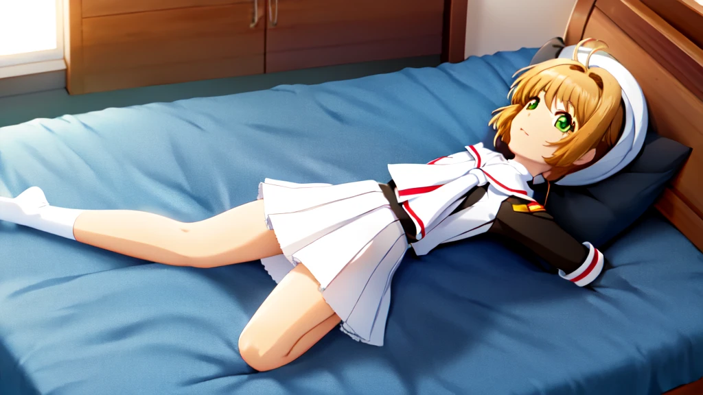 a man and a woman hugging each other on a bed, female sailor uniforms, black teenage girl, detailed - i, fisting, gogo : :, blonde short hair, naive, inspired by Du Qiong, ori, sergeant, (masterpiece, best quality: 1.2),(very detailed face, real image, realistic skin, realistic body, intricate details),1 woman, Kinomoto Sakura, brown hair, alone, skirt, green eyes, Short hair, have, white skirt, white hat, Magic Girl, Antenna hair, laugh, serafuku, pleated skirt, dehisce, looking at viewer, cowboy shot, long sleeves, star (symbol), muffler, kneel on the bed, View diagonal profile, stretch both arms above the head and place them behind the pillow, anime girl lying down, expose plump breasts, whole body, plump thighs, Natural Pose, beautifully, cute, Fix errors without any awkwardness, tall, I have long legs, Wearing (tomoeda_초등school_school_Uniform),black top, tennis mini skirt