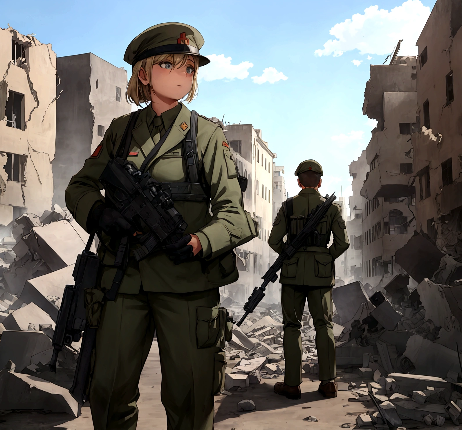 both standing in a destroyed town 1942 with background soldiers