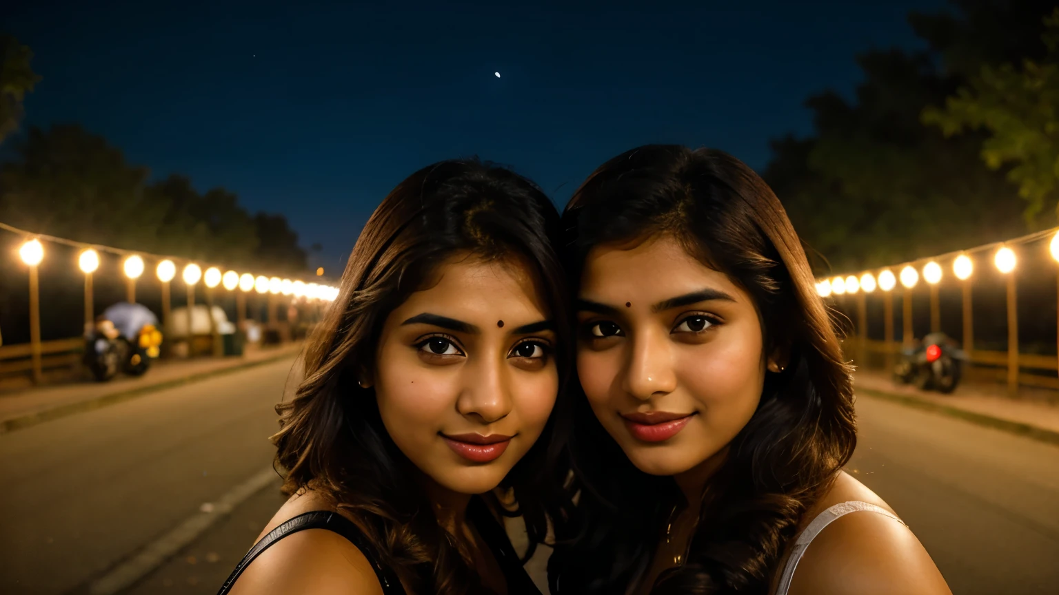 Indian and Pakistani Girls, Solitary, Looking at the audience, Smile, Brown hair, big breasts with bra, outdoor, Brown eyes, Lips, night, Ground car, portrait, motorcycle, Practical, car, road,sky, Cold sky gas lamp column , 8k Ultra HD, DSLR Camera, soft light, high quality, Film Grain, Fuji XT3,sexly,Height 175cm,Fair skin