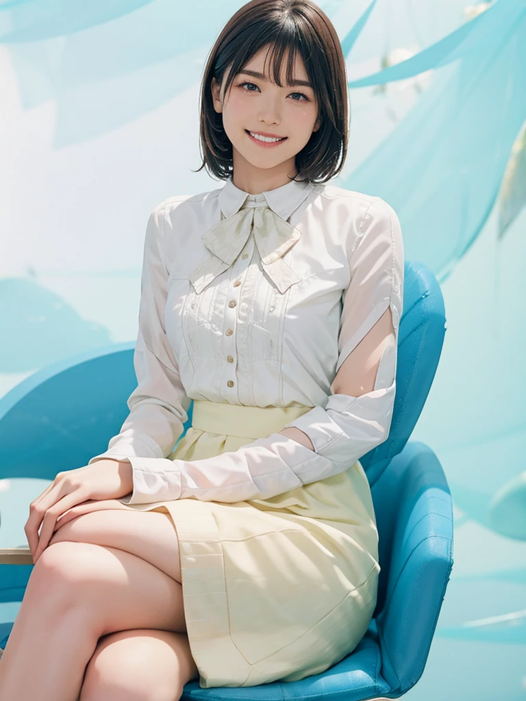 raw photo, 1girl, cute face, beautiful face, medium breast, collared blouse, White blouse, light smile, detailed skin, simple background, Above the knee, sit on a chair, Seductive pose, photorealistic, masterpiece, best quality, anatomically correct