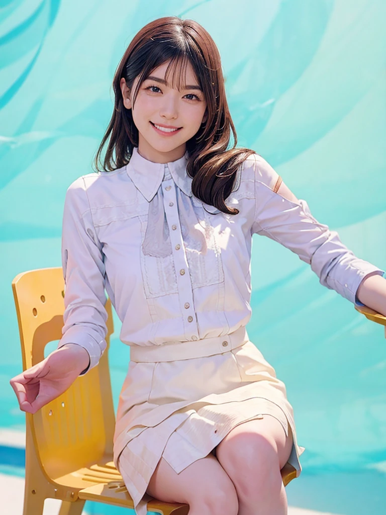 raw photo, 1girl, cute face, beautiful face, medium breast, collared blouse, White blouse, light smile, detailed skin, simple background, Above the knee, sit on a chair, Seductive pose, photorealistic, masterpiece, best quality, anatomically correct