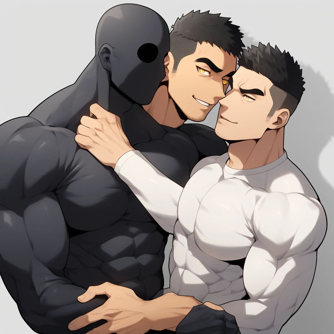 anime characters：Two superheroes in tights, Muscle Sports Student and Muscle No Face skinhead superhero, No Face，negro black skin, They hugged and kissed each other, Bite your neck, Caress, Manliness, male focus, Yellow and black high collar long sleeve tight T-shirt, Slightly transparent material, Very tight, Round, full and perky chest muscles, Muscle waist, Slightly transparent, muscular male, muscular, only, Upper body, alone, Black short hair, Thick eyebrows, stubble, Yellow eyes, Grey background, simple background, amazing quality, best aesthetics, Ridiculous, bright pupils, crew cut, parted lips, seductive smile, torogao, naughty face, drop shadow, best quality