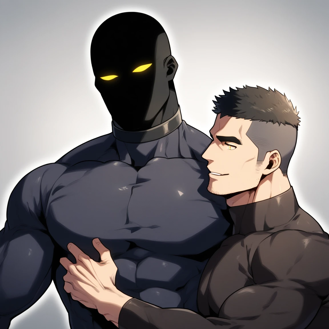 anime characters：Two superheroes in tights, Muscle Sports Student and Muscle No Face skinhead superhero, No Face，negro black skin, They hugged and kissed each other, Bite your neck, Caress, Manliness, male focus, Yellow and black high collar long sleeve tight T-shirt, Slightly transparent material, Very tight, Round, full and perky chest muscles, Muscle waist, Slightly transparent, muscular male, muscular, only, Upper body, alone, Black short hair, Thick eyebrows, stubble, Yellow eyes, Grey background, simple background, amazing quality, best aesthetics, Ridiculous, bright pupils, crew cut, parted lips, seductive smile, torogao, naughty face, drop shadow, best quality
