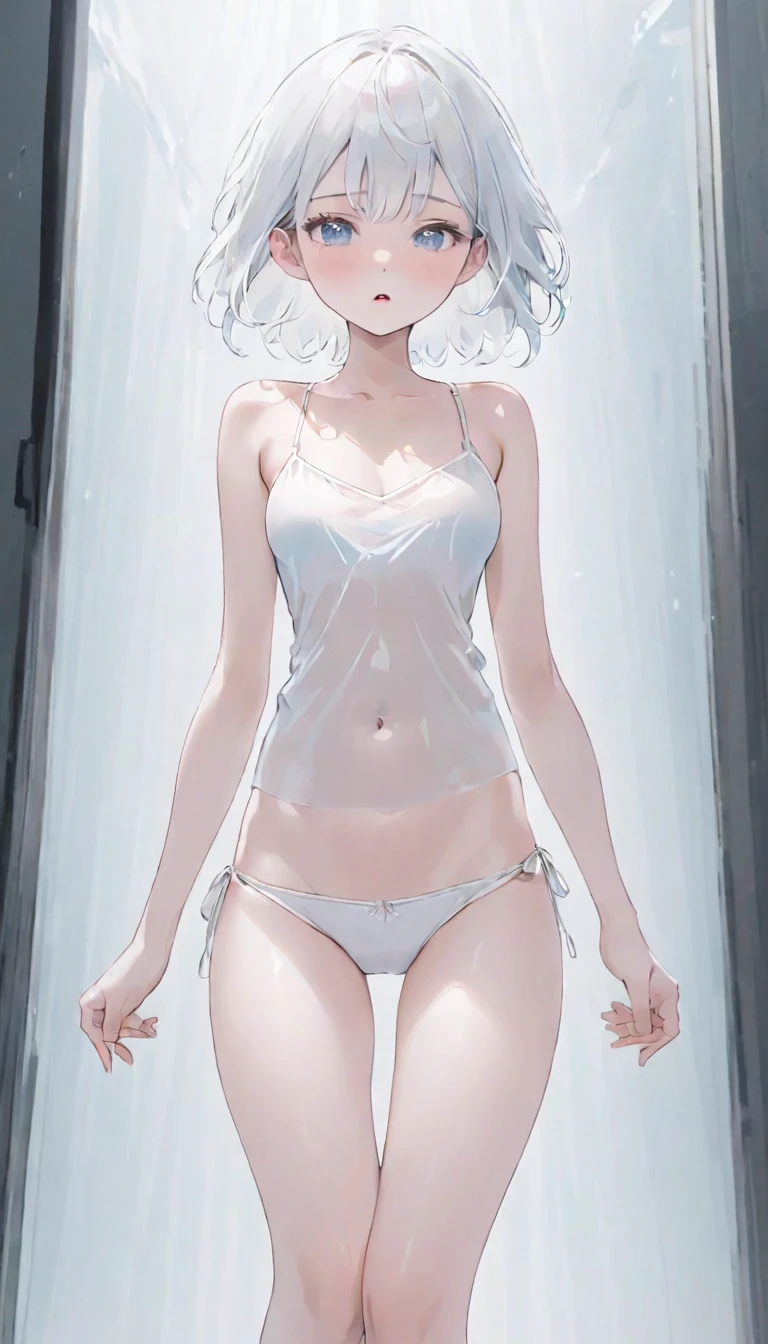 Low Leg、Low rise、Fearful expression、(((Realistic images)))、Translucent white skin、White camisole、((girl'The upper body is visible))、the skin is transparent、Make the expression more realistic、thin, soft and smooth hair、Highlight wrinkles in clothing、Highest quality、High resolution、Extremely detailed 8K、 (Ultra HD、Very detailed、Very detailed、とてもRealistic、Ultra-realistic、Realistic)、One Girl、One thumb、View 4 books、The underwear you are wearing is very soft and pleasant to the touch....、Stagnation、スリムな体を持つ美しいgirl、Waist-length platinum blonde hair、Grey Eye Room、Chic monochrome room、Foliage plant