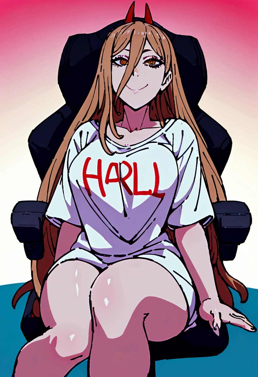 woman wearing an oversized shirt that reaches her thighs, with the text "H a r l" written on the shirt, smiling with a bold expression, sitting on a chair gamer, detailed face and eyes, 8k, best quality.