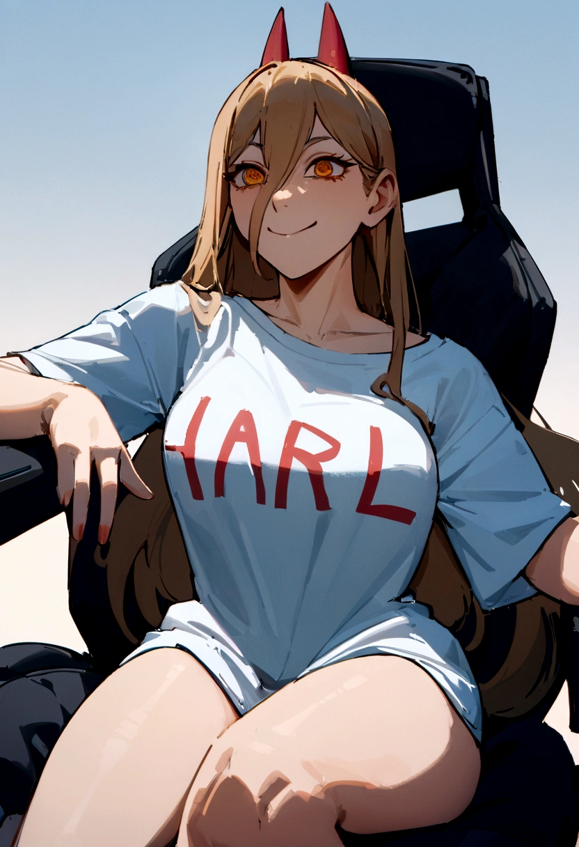 woman wearing an oversized shirt that reaches her thighs, with the text "H a r l" written on the shirt, smiling with a bold expression, sitting on a chair gamer, detailed face and eyes, 8k, best quality.