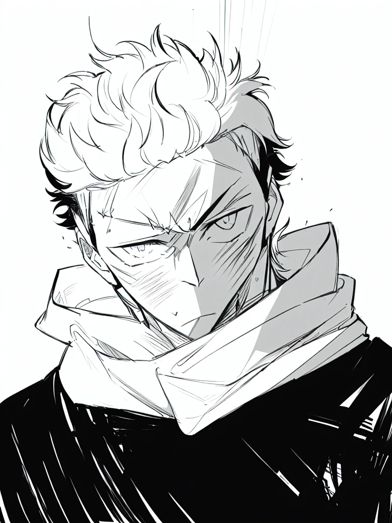 gege akutami manga art style, cool shading, sharp lineart, badass pose, white fluffy messy hair, boy, black and white, staring at viewer, messy clothing, male, scarf over mouth