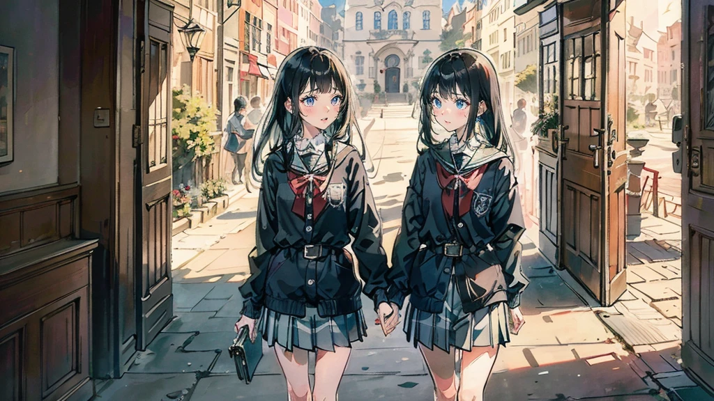 Ultra High Quality, masterpiece, high resolution, accurate anatomy, accurately describe a person, Beautiful illustration, 2 high school girls, cute face, happy, black hair, Historic buildings, quaint school buildings, beautiful movie, 