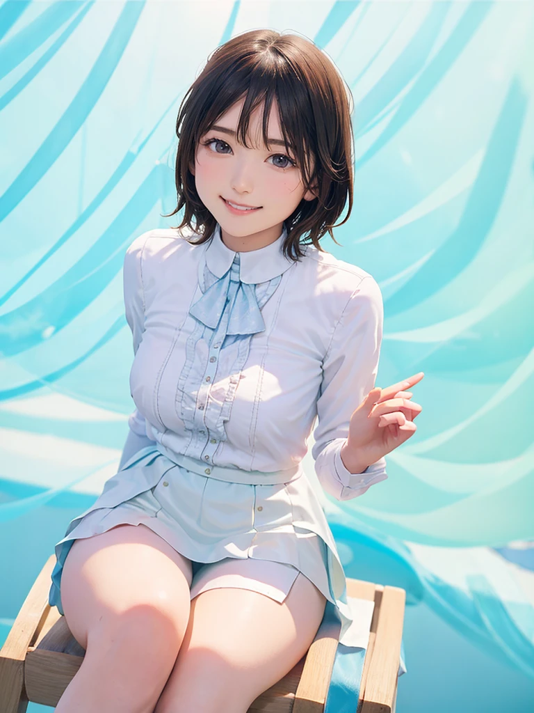 raw photo, 1girl, cute face, beautiful face, medium breast, collared blouse, White blouse, light smile, detailed skin, simple background, Above the knee, sit on a chair, Seductive pose, photorealistic, masterpiece, best quality, anatomically correct