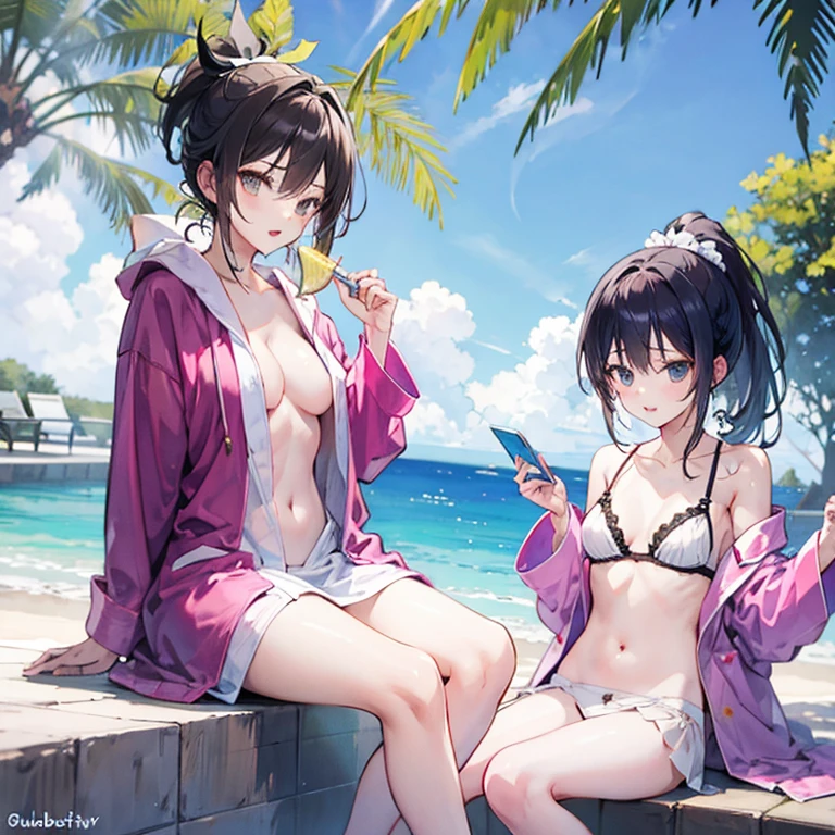 Ponytail sisters,Bathrobes,Open-air bath,Unbuttoned