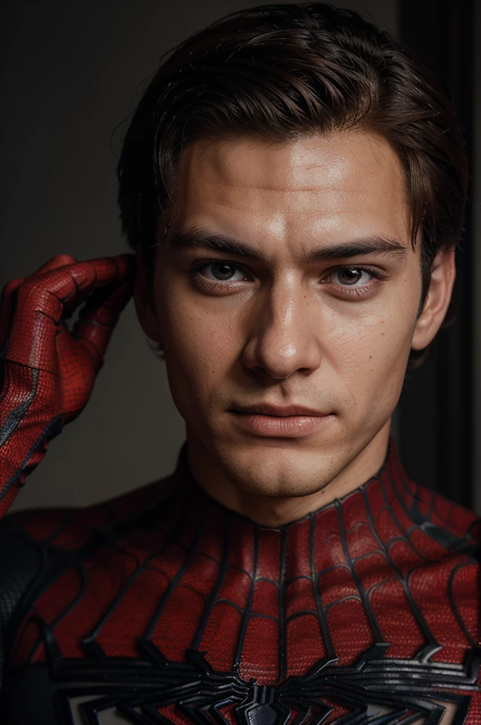 A photograph of spider man, no mask, 20 yo, handsome, detailed face, looking at camera, portrait, 8k uhd, high quality
