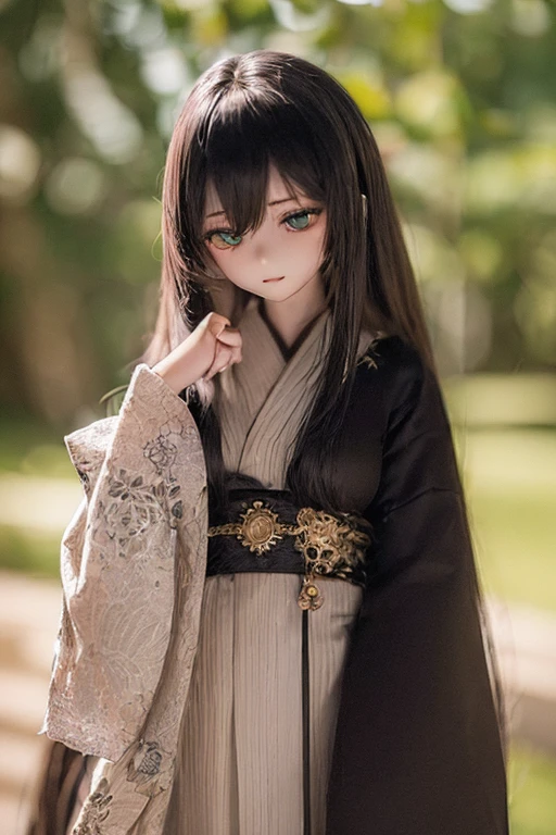 (SFW:2), photorealistic, realistic photo, ((highest quality)), ((masterpiece)), ((extremely detailed)), kukolnydom, doll, (mature woman, 21 yo, 21 years old:1.6), solo, ((cowboy shot, standing
, skinny, slender, slim, kimono, obi, obidome, hair ornament)), green eyes, parted lips, (black hair, long hair, looking at another, blank eyes, empty eyes, detailed eyes, detailed clothes:1.3), Japanese garden, 8k