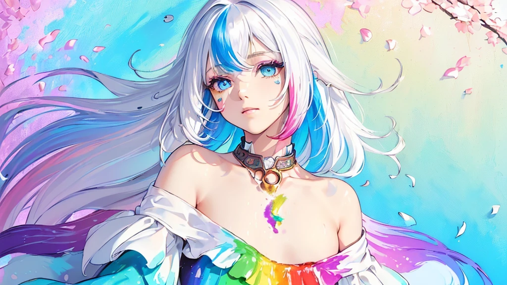 (Pink Fashion T-shirt:1.9),(Colorful hair: 1.8), (all the colours of the rainbow: 1.8),(((((vertical painting:1.6))), (painting:1.6),front, comics, illustrations, paintings, large eyes, crystal clear eyes,( rainbow color gradient high ponytail:1.7), exquisite makeup, closed mouth,(Small Fresh: 1.5),(Wipe Chest: 1.6) ,long eyelashes, white off shoulder T-shirt, White Shoulder Shirt,looking at the audience, large watery eyes, (rainbow colored hair:1.6), color splash, (solo:1.8), color splash, color explosion, thick paint style, messy lines, ((shining)),(colorful), (colorful), (colorful), colorful, Thick Paint Style, (Splash) (Color Splash), Vertical Painting, Upper Body, Paint Splash, Acrylic Pigment, Gradient, Paint, Highest Image Quality, Highest Quality, Masterpiece, Solo, Depth of Field, Face Paint, colorful clothes, (Elegant: 1.2), gorgeous,long hair, wind, (Elegant: 1.3), (Petals: 1.4),(((masterpiece))),(((best quality))),((ultra-detailed)),(illustration),(dynamic angle),((floating)),(paint),((disheveled hair)),(solo),(1girl) , (((detailed anima face))),((beautiful detailed face)),collar,bare shoulders,white hair, ((colorful hair)),((streaked hair)),beautiful detailed eyes,(Gradient color eyes),(((colorful eyes))),(((colorful background))),(((high saturation))),(((surrounded by colorful splashes))),
