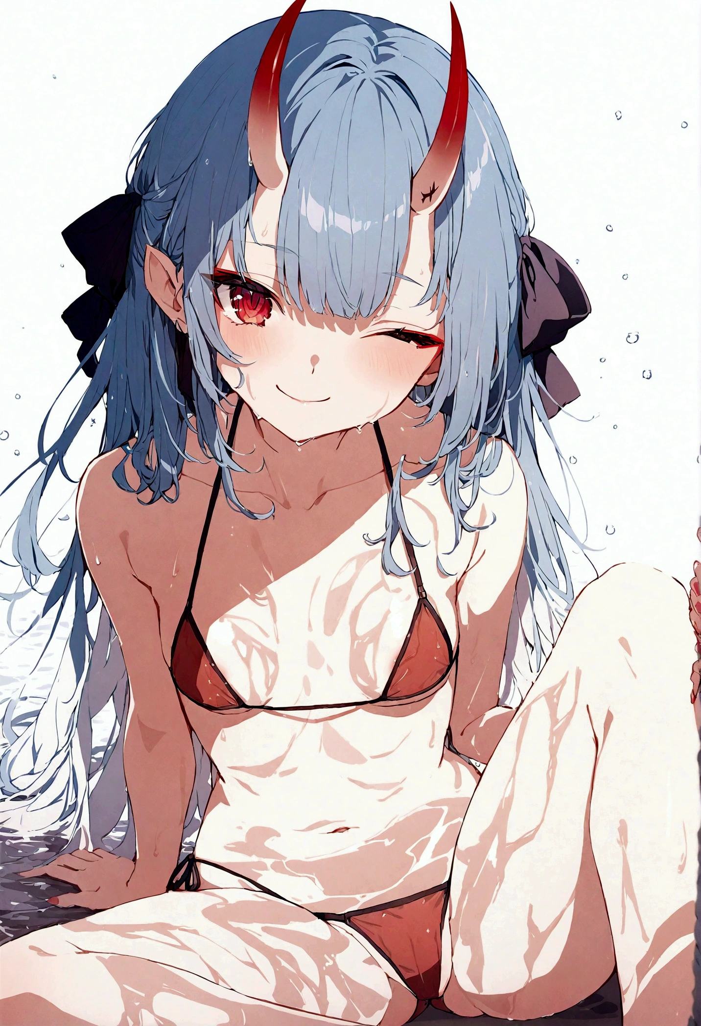 (muste piece), (best quality), very detailed eyes, expressive eyes, perfect face, very detailed face, highly detailed face, beautiful girl, 8K, beautiful girl, white background, delicate and beautiful face and eyes, dark intense shadow, 1 girl, vtuber style, cool girl, hololive, Nakiri Ayame, oni horns, red bikini, soaked, Bikini tops, bikini bottoms, String Only Micro Bikini, wet body, small chest, cropped shoulders, clavicle, one eye close winking, smile, body visible through clothes, chest visible through clothes, ass visible through thighs, (full body), sitting, open legs wide,