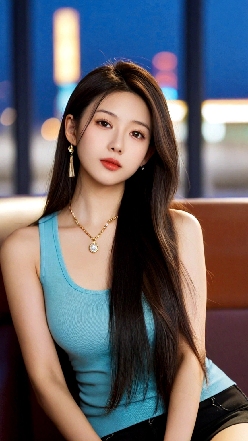 extreme close-up of beautiful Chinese female, big nose, straight long hair, 38 inch breasts size, necklace, wearing fitting tank top, sitting in terminal lounge, bokeh background, UHD