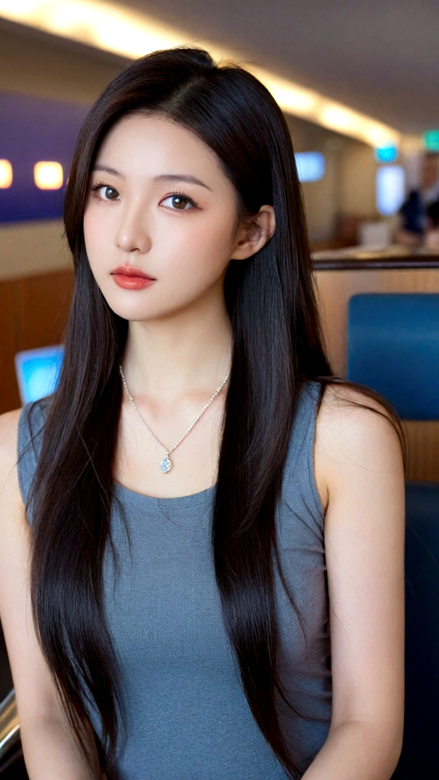 extreme close-up of beautiful Chinese female, big nose, straight long hair, 38 inch breasts size, necklace, wearing fitting tank top, sitting in terminal lounge, bokeh background, UHD