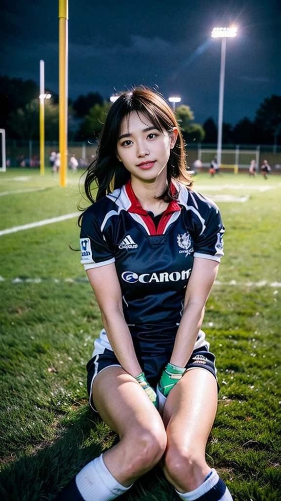 (A woman wearing a rugby jersey、Wearing panties、Not wearing a skirt:1.3)、22 year old Japanese woman、Very beautiful woman、One Woman、solo、Cute Face、Portrait、Detailed skin texture、((Highest quality、high resolution、High resolution、High definition、masterpiece、16K:1.5))、(whole body:1.4)、Perfect proportions、Slim figure、Medium breast、Medium Hair、Dark Brown Hair、Loose wavy hairstyle、Thin arms、Beautiful hands、Detailed face、Smiling Kindly、(RAW Photos、Photos like the real thing、Clear photos:1.2)、((Canon EOS 5D Mark 4とSIGMA Art Lens 35mm F1.4 Shot with DG HSM lens、F-stop 2.4、iso 200、Shutter Speed 2000))、Beautiful feet、8th life、Detailed eyes、Silver grey color contacts、Direct your gaze this way、((On the rugby field、Natural grass、Night game lighting、Rugby pole:1.4))、Natural light、Height: 165cm、Just the right color balance、Female college student、Narrow Face、Sharp face line、((Depth))、((Long Shot))、Lifelike skin texture、Moisturized Skin、Anatomically correct