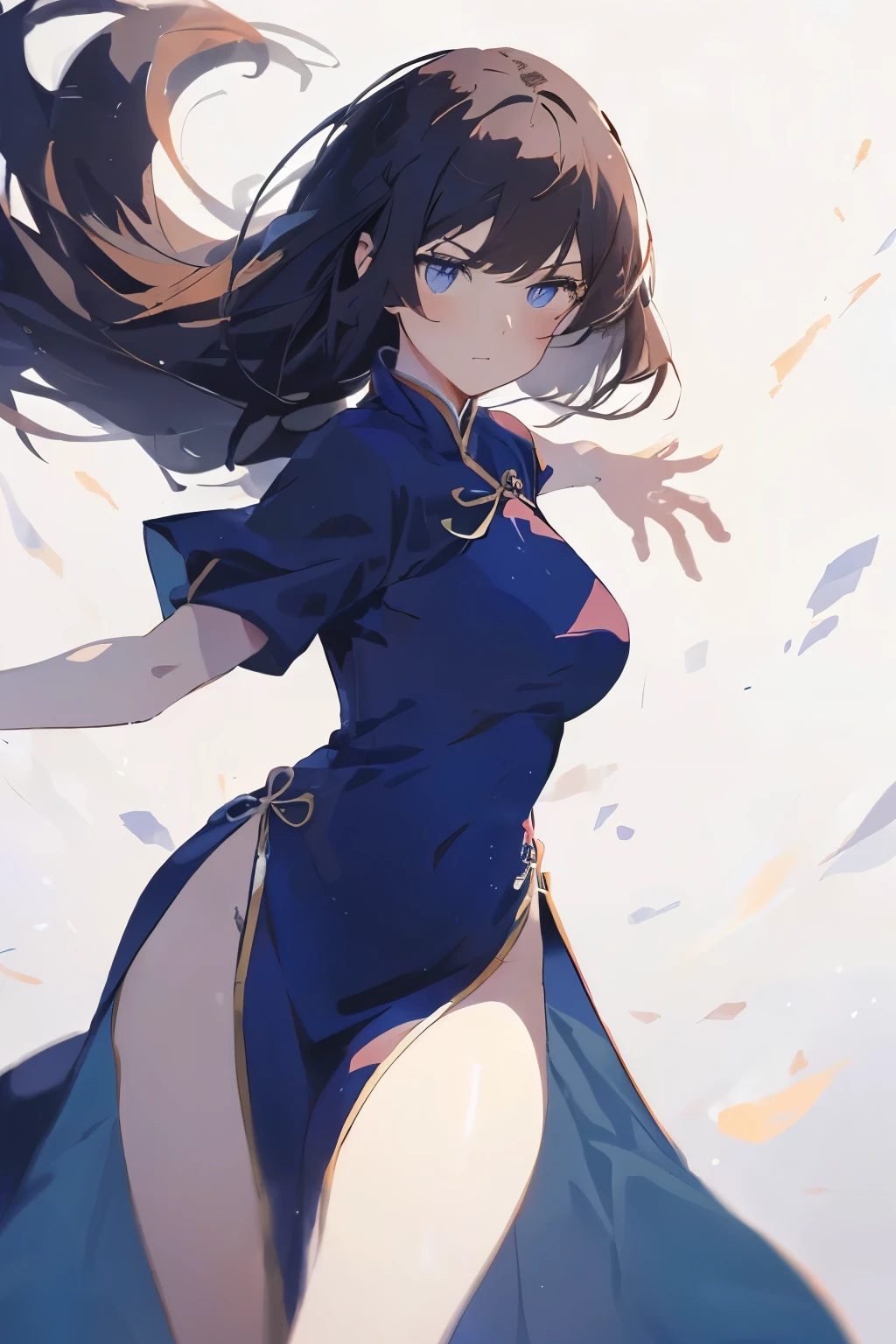 best quality, masterpiece, (独奏:1.2), (1 Female:1.2)、Age 25、Larger breasts、(Slender figure)、(from side:1.2)、(One leg up pose:1.2)、(Dynamic)、(Fighting pose)、(Blue Chinese Dress:1.2)、(Thighs)、(White highlight in pupil:1.2)、Dark blue eyes、(Black-haired:1.2)、Straight bangs、(Long Hair)、(View your viewers:1.2)、White skin、(blush)、(Serious expression)、(I blur the background a lot to make the woman stand out.:1.3)、(Half backlight)、(Abstract style background:1.2)、A background that gives a sense of wind and momentum