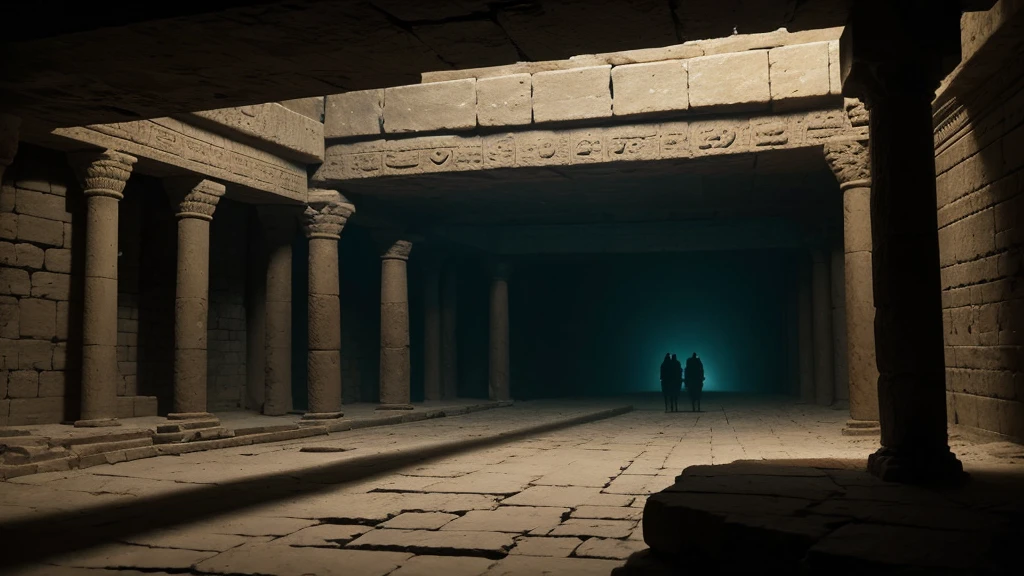 "A vast, cavernous underworld depicted in ancient Mesopotamian art, where shadowy figures traverse dimly lit passageways. The walls bear inscriptions in cuneiform script, illustrating the ancient Near Eastern belief in Sheol as a realm of darkness and silence. Torches flicker faintly, casting eerie shadows that emphasize the desolate and somber nature of the underworld."