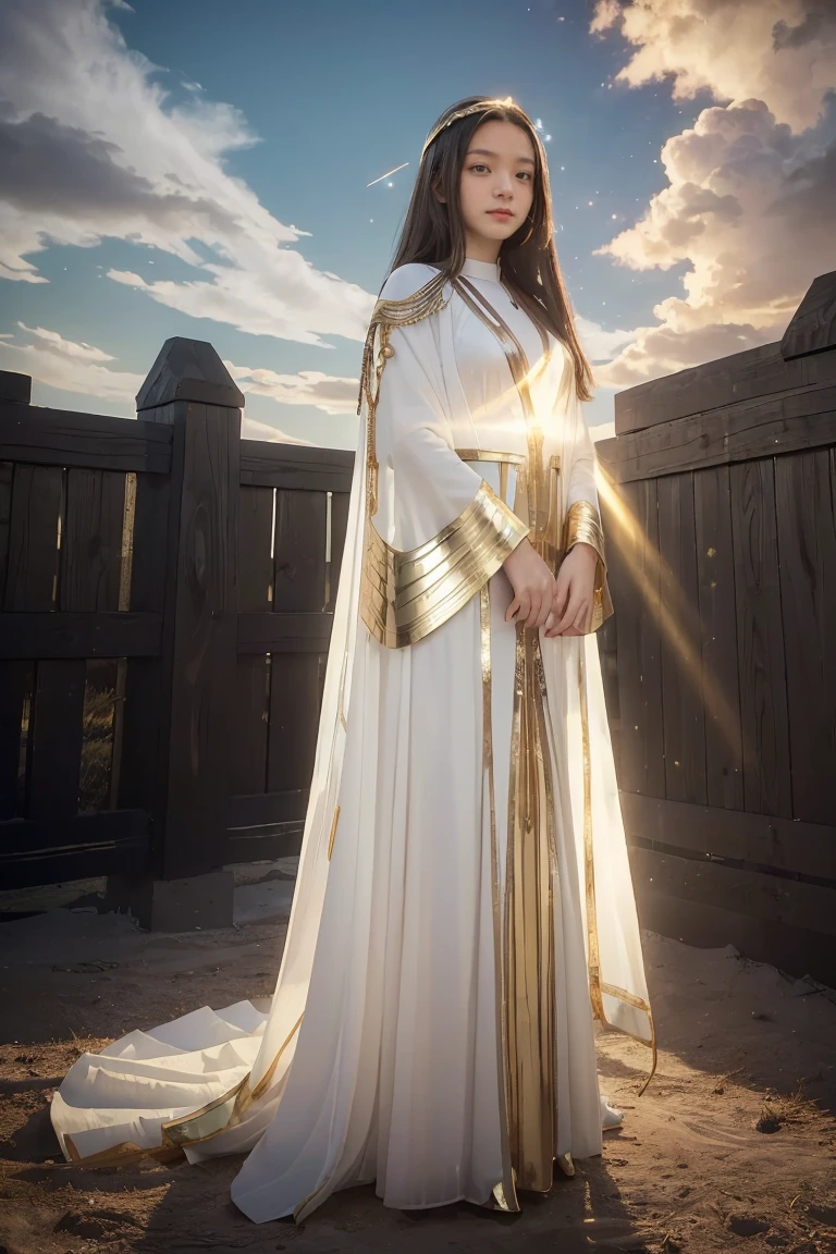((masterpiece, best quality, extremely detailed), volumetric lighting, ambient occlusion, colorful, glowing), 1girl, solo, young girl, (dark hair), long hair, halo, aura, sacred, goddess, cleric suit, (white outfit with gold detailst:1.3), armor, outdoors, sunset, sky, clouds, space, (fantasy theme:1.2), full body armor