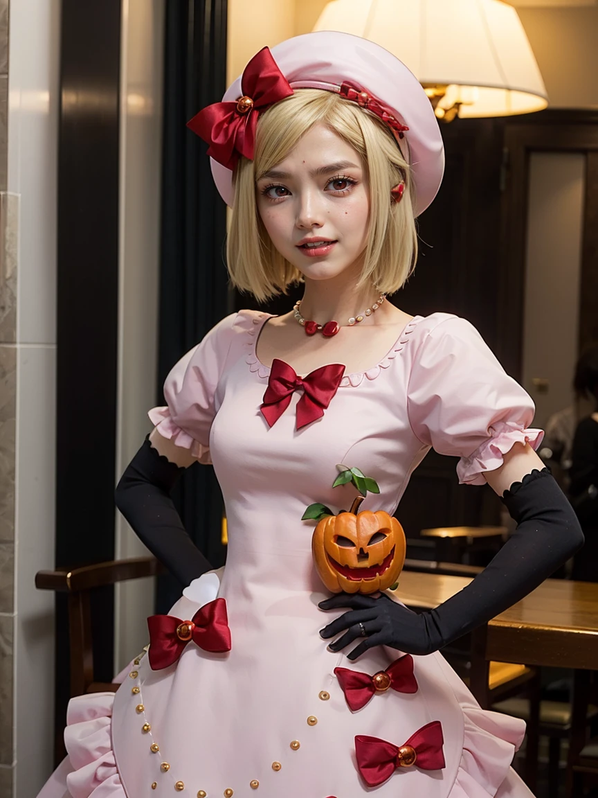 (1 lady), The beautiful, (Best quality at best:1.4), (ultra - detailed), (extremely detailed CG unified 16k), gold blonde hair, very detailed, High-definition RAW color photo, professional photoshooting, amazing face and eyes, cosmetics, (amazingly beautiful girl), ((lambdadelta, tall woman, taller)), ((dress, red bow, pink hat, necklace, gloves, pearl, pink dress)), standing, realistic cinematic face, photo portrait, upper body (shoulders to head), photorealistic, ((realistic natural blonde hair style, scarlet red eyes)), gorgeous, extremely beautiful face, perfect model beauty, pout mouth, flirting smile, cleavages, city girl, western, (masterpiece), best quality, high resolution, extremely detailed, blurred background, depth of field, cinematic lighting, clear and well-cared skin, jack-o'-lantern on dress,