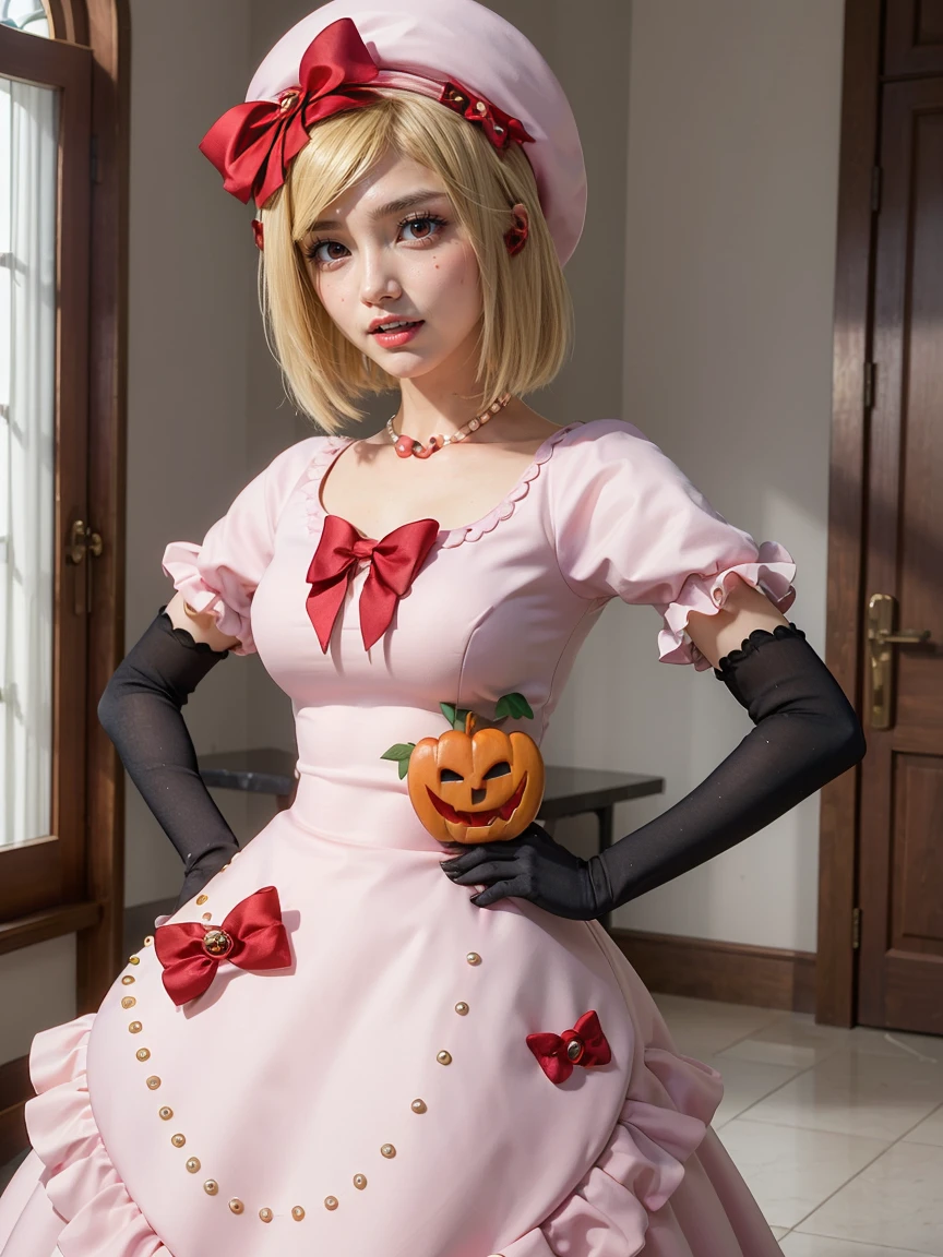 (1 lady), The beautiful, (Best quality at best:1.4), (ultra - detailed), (extremely detailed CG unified 16k), gold blonde hair, very detailed, High-definition RAW color photo, professional photoshooting, amazing face and eyes, cosmetics, (amazingly beautiful girl), ((lambdadelta, tall woman, taller)), ((dress, red bow, pink hat, necklace, gloves, pearl, pink dress)), standing, realistic cinematic face, photo portrait, upper body (shoulders to head), photorealistic, ((realistic natural blonde hair style, scarlet red eyes)), gorgeous, extremely beautiful face, perfect model beauty, pout mouth, flirting smile, cleavages, city girl, western, (masterpiece), best quality, high resolution, extremely detailed, blurred background, depth of field, cinematic lighting, clear and well-cared skin, jack-o'-lantern on dress,