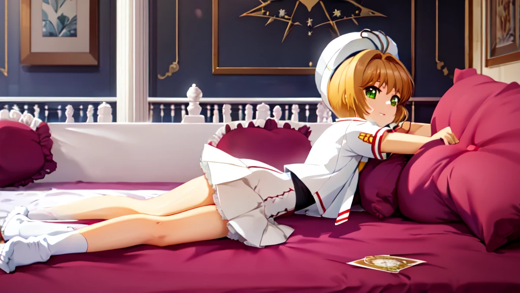 (masterpiece, best quality: 1.2),(very detailed face, real image, realistic skin, realistic body, intricate details)a woman laying on top of a bed next to a man, shipgirls, full image, cardcaptor sakura, gape, military art, inspired by Dong Kingman, painting of, meaty, enb, and, Kinomoto Sakura, brown hair, alone, skirt, green eyes, Short hair, have, white skirt, white hat, Magic Girl, Antenna hair, laugh, serafuku, pleated skirt, dehisce, looking at viewer, cowboy shot, long sleeves, star (symbol), muffler, kneel on the bed, View diagonal profile, stretch both arms above the head and place them behind the pillow, anime girl lying down, expose plump breasts, whole body, plump thighs, Natural Pose, beautifully, cute, Fix errors without any awkwardness, tall, I have long legs, Wearing (tomoeda_초등school_school_Uniform),black top, tennis mini skirt