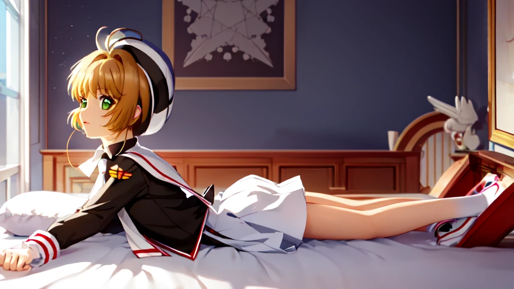 (masterpiece, best quality: 1.2),(very detailed face, real image, realistic skin, realistic body, intricate details)a woman laying on top of a bed next to a man, shipgirls, full image, cardcaptor sakura, gape, military art, inspired by Dong Kingman, painting of, meaty, enb, and, Kinomoto Sakura, brown hair, alone, skirt, green eyes, Short hair, have, white skirt, white hat, Magic Girl, Antenna hair, laugh, serafuku, pleated skirt, dehisce, looking at viewer, cowboy shot, long sleeves, star (symbol), muffler, kneel on the bed, View diagonal profile, stretch both arms above the head and place them behind the pillow, anime girl lying down, expose plump breasts, whole body, plump thighs, Natural Pose, beautifully, cute, Fix errors without any awkwardness, tall, I have long legs, Wearing (tomoeda_초등school_school_Uniform),black top, tennis mini skirt