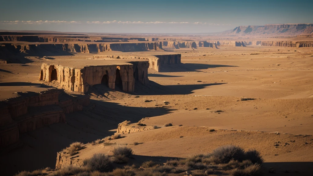 "A desolate landscape under a starless sky, where ancient Hebrew nomads wander through barren plains towards a distant horizon. The landscape is punctuated by rugged cliffs and yawning chasms, symbolizing the journey to Sheol as described in biblical texts. The air is heavy with silence, broken only by whispers of wind through dry grass, evoking the solemnity and isolation of the underworld."