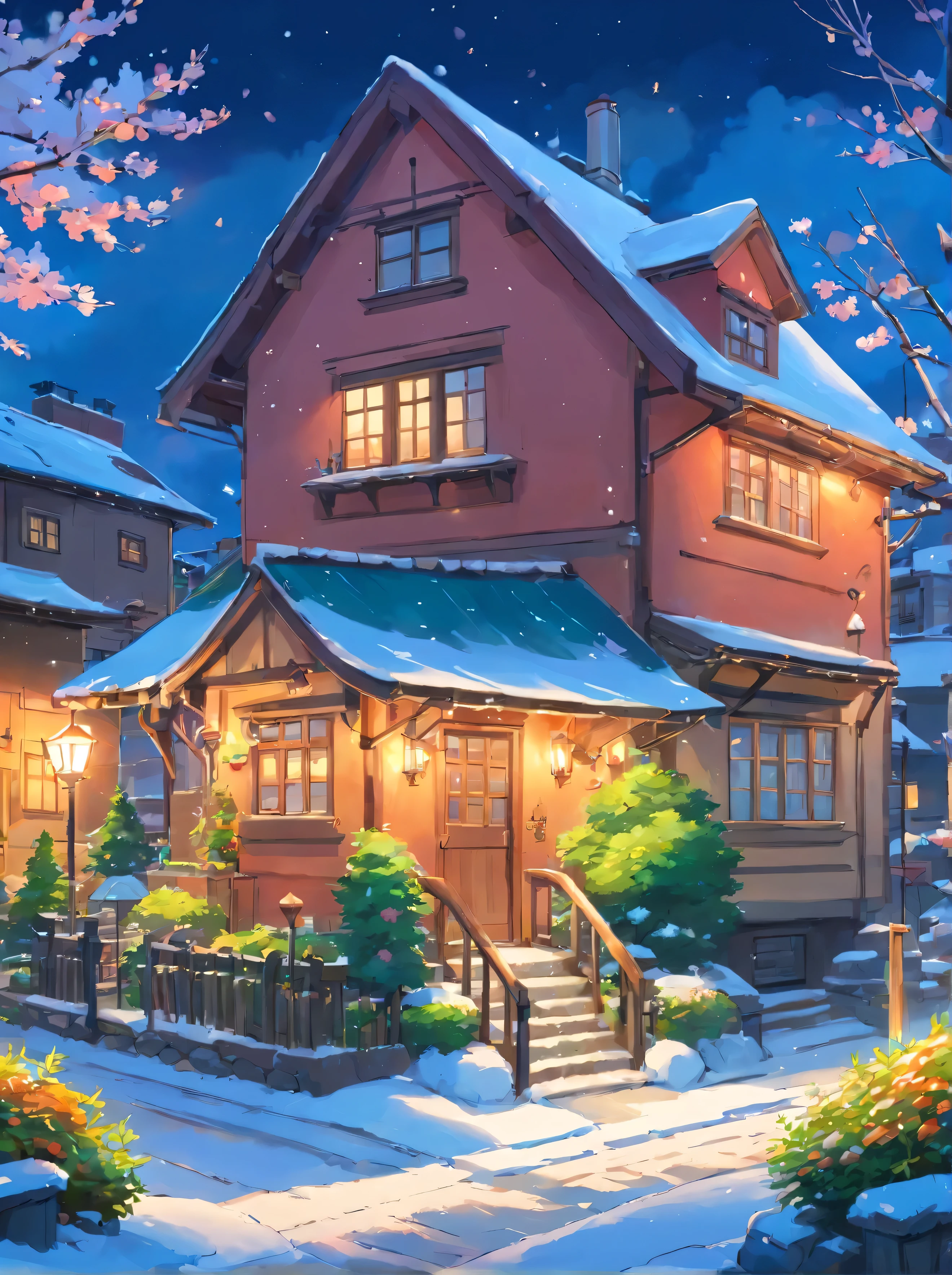 painting of a canada montreal, beautiful snowy view, beautiful calm lofi vibe,bushes,flowers, residential area,golden hour, snowy night,dusk,4k hd, cloud,beautiful art uhd 4 k, a beautiful artwork illustration, beautiful digital painting, highly detailed digital painting, beautiful digital artwork, detailed painting 4 k, very detailed digital painting, rich picturesque colors, gorgeous digital painting