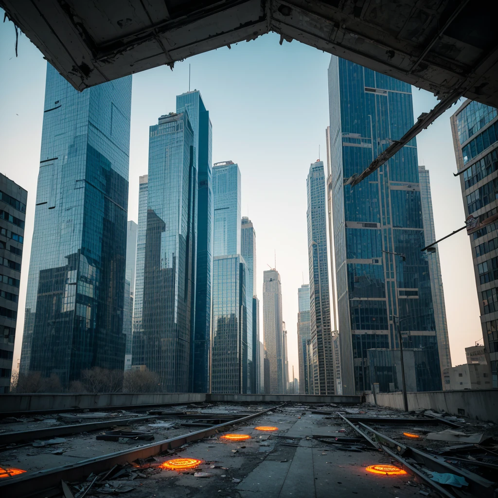 Abandoned skyscrapers with hordes of savages underneath, chip patterns painted on the walls, glowing UFOs in the sky
