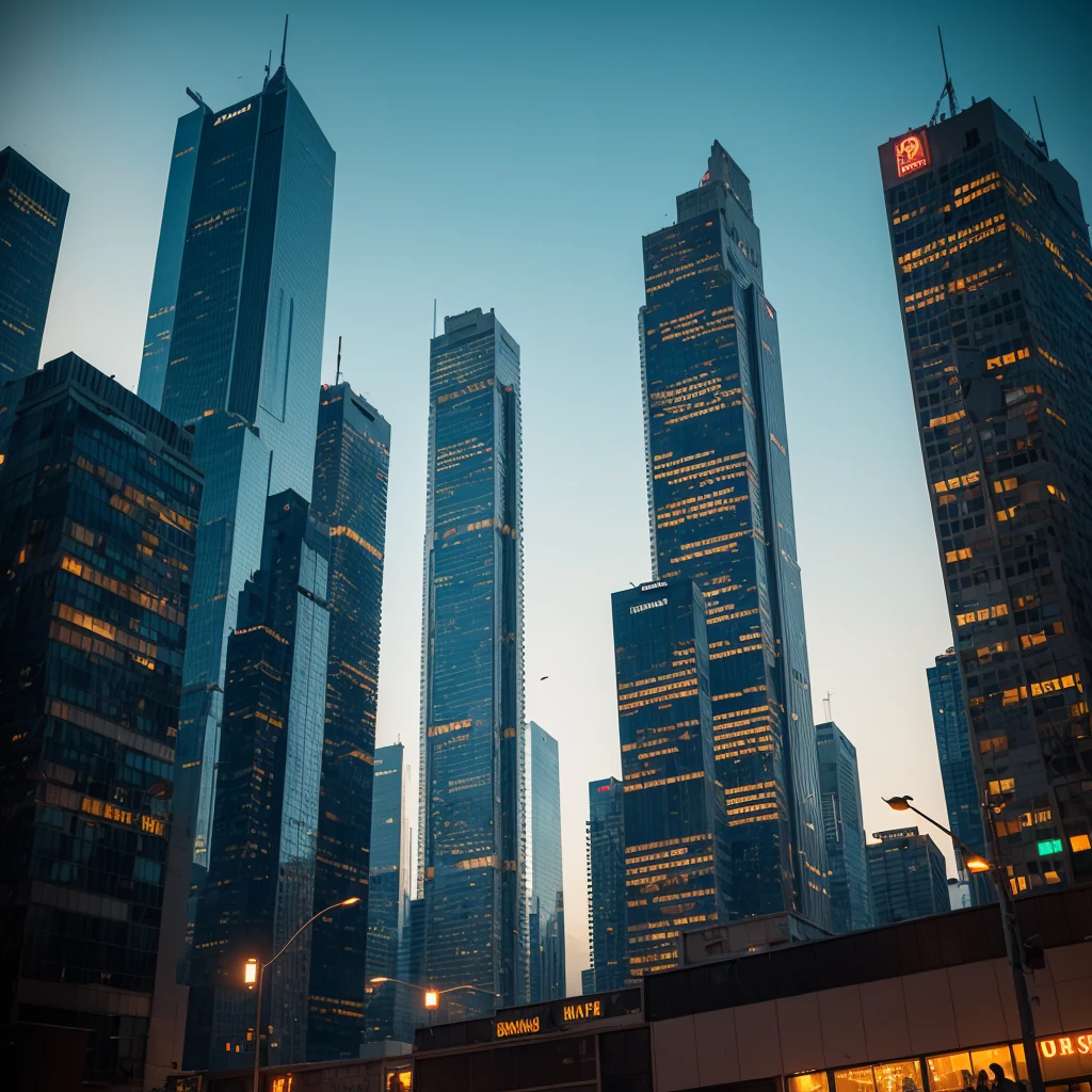Abandoned skyscrapers with hordes of savages underneath, chip patterns painted on the walls, glowing UFOs in the sky
