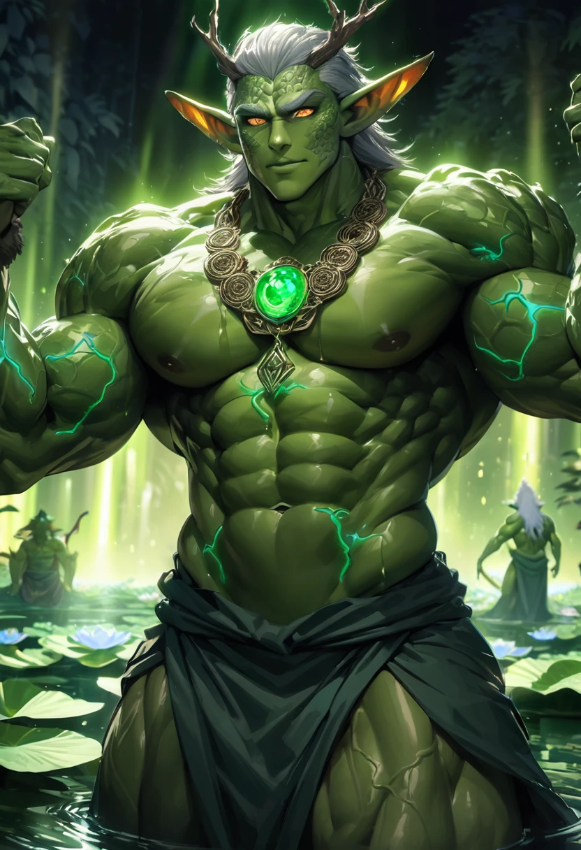 (((intricate design))) (((top quality))) (((16K))) (((High Definition))) 16K splash art (((photorealistic))) high-res, ultra sharp, ((masterpiece)), the best quality, expressive eyes, perfect face, (((druid outfit))) mesmerizing eyes, perfectly detailed anatomy (((Volumetric lighting))) (((natural lights))) (((sunny))) (((1Male))) (((Bodybuilder))), (((muscular))), (((hyper pecs))) there is a sexy mature man with green paint on his body, slick shaved sides hairstyle, ((thighs)) bodily fluids, round butt, green coloured skin, green skin! (((green coloured skin!!))), (((green skin))). (((green-skinned))), (((elegant robes))) ((green skin with scales)), ((green skin)), windy, (((meditating in a lotus pond))), (((greenish skin))) plantation on the male body, fluorescent green skin, radiant orange eyes, windy, leaves falling (((a powerful nature deity))), elf ears, druid magic, cell-shaded adult animation, green gem necklace, hot reptile muscular humanoid man, scales, muscular green body. Hazel eyes, glowing veins, nature spirit, long sash, skin tight jumpsuit, nighttime, moonlight, moon