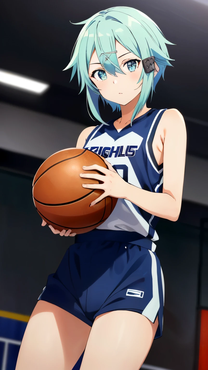 (Top Quality, Masterpiece, 8k:1.2), Ultra Detailed, High Resolution, Anime, 1 Girl, Solo, EPsoaSinon, Short Hair, Light Blue Hair, Detailed Jewel Eyes, Hair Between Eyes, (Hair Accessory:1.2), Hair Clip, Side Locks, (basketball uniform, gym), dynamic Angle, Cowboy Shot,looking at viewer,