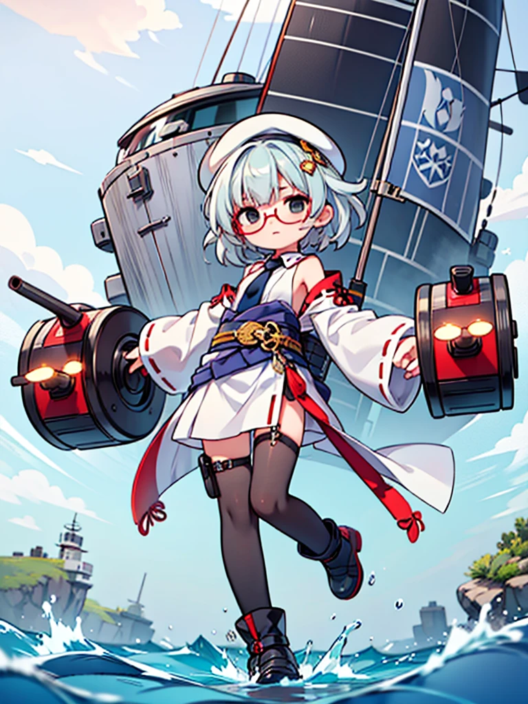 ((((Full body of a woman with perfect flat chest、solo、Short unkempt black hair、Tie your messy hair at the nape of your neck、white military jacket、Miko costume、tights、Black glasses、White military cap、Cloudy black eyes、Confused eyes、Eyes Beginning to Open、Junyo hair accessories)))), (((masterpiece, Vision))), (((Shipgirl))), ((Floating on the morning sea with both feet)), (Spread your legs wide open), (Hold the turret grip with your right hand), (Mechanical arms extending from the waist are used to equip the ship with battleship equipment.), (Equipped with a turret on the back), (Left arm holds the triple turret grip), Shotgun belt on thigh, Spreading the Machine's Wings, Machine tail,