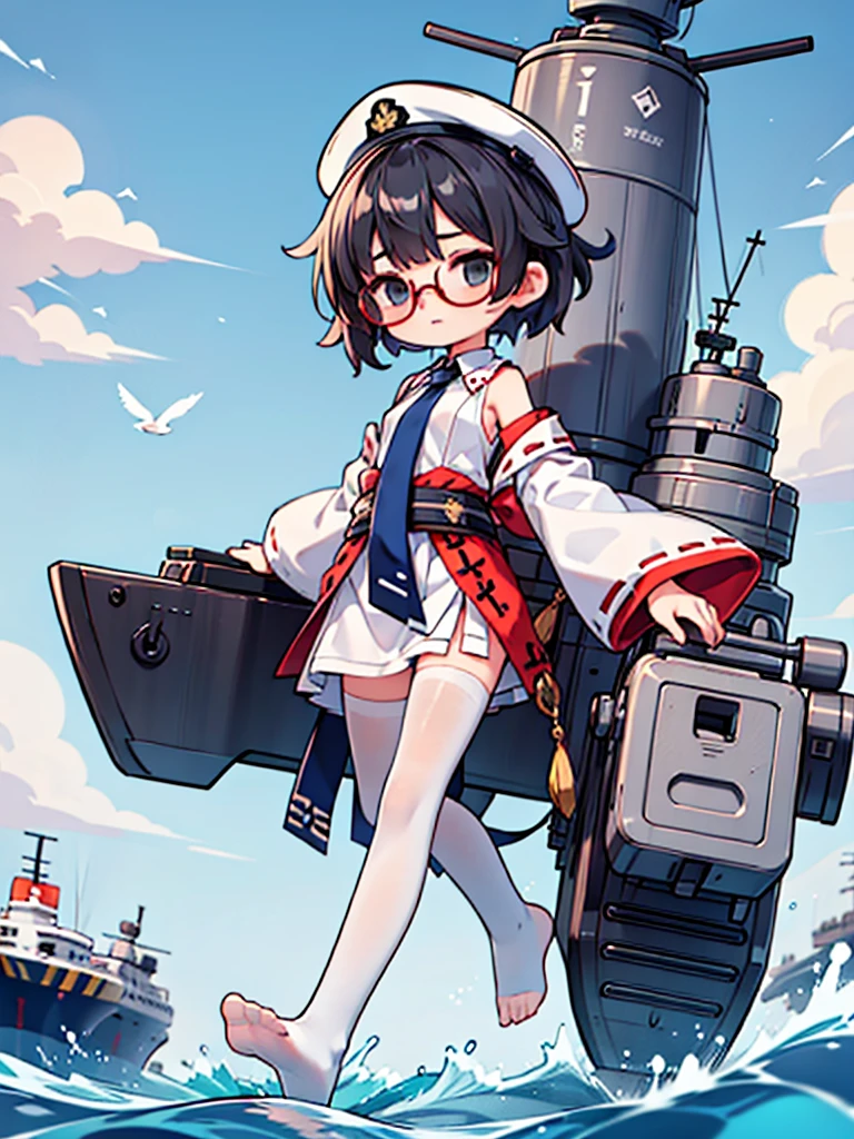 ((((Full body of a woman with perfect flat chest、solo、Short unkempt black hair、Tie your messy hair at the nape of your neck、white military jacket、Miko costume、tights、Black glasses、White military cap、Cloudy black eyes、Confused eyes、Eyes Beginning to Open、Junyo hair accessories)))), (((masterpiece, Vision))), (((Shipgirl))), ((Floating on the morning sea with both feet)), (Spread your legs wide open), (Hold the turret grip with your right hand), (Mechanical arms extending from the waist are used to equip the ship with battleship equipment.), (Equipped with a turret on the back), (Left arm holds the triple turret grip), Shotgun belt on thigh, Spreading the Machine's Wings, Machine tail,