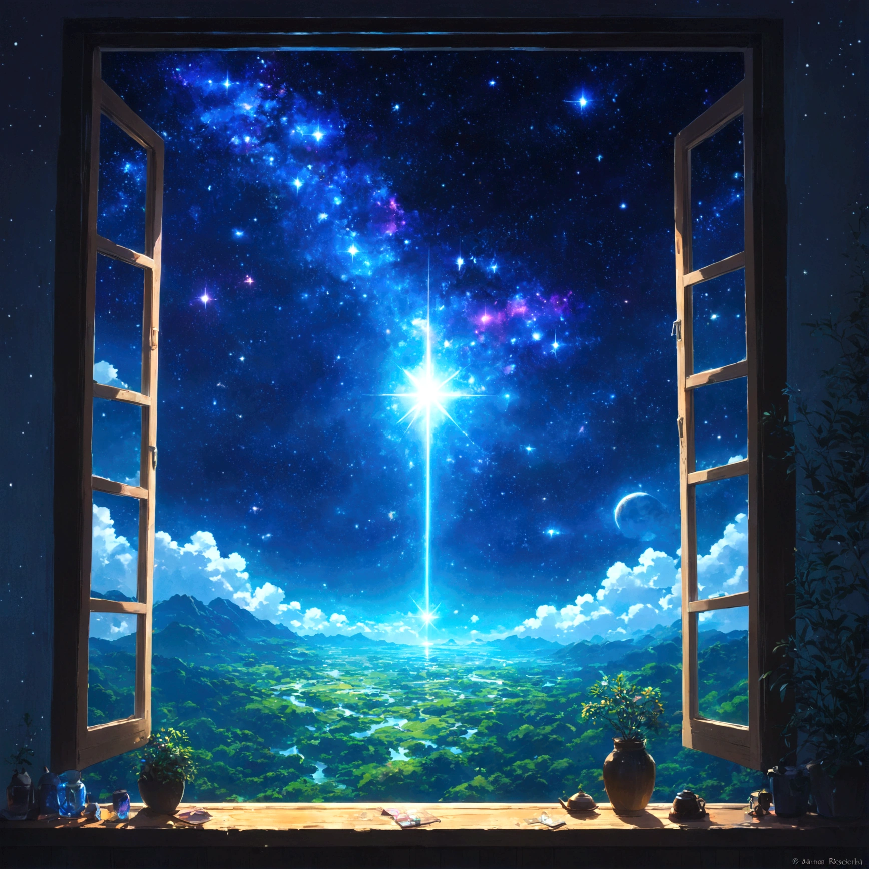 近未来的なuniverseステーションの巨大なwindow。There、Breathtakingly beautiful、漆黒のuniverse空間but広butっている。無数のstar々but、Shining like diamond dust、In the distance、色とりどりのstar雲but渦巻いている。window枠には、かすかにEarthの青い光but反射し、universeの広大さとEarthの尊さを同時に感じさせる。手前に置かれたuniverse飛行士のHelmetには、windowの外の景色but映り込み、universeへの憧憬と、It evokes some melancholic feelings。美しいAnime Scenery, Landscape painting, Beautiful digital painting, Andreas Rocha, Beautiful artwork illustration, Awesome Wallpapers, Raymond Han, Tall beautiful paintings, Studio Ghibli Makoto Shinkai, Beautiful Wallpapers, Anime Scenery, universe, universeステーション, window, star, star雲, Earth, Helmet