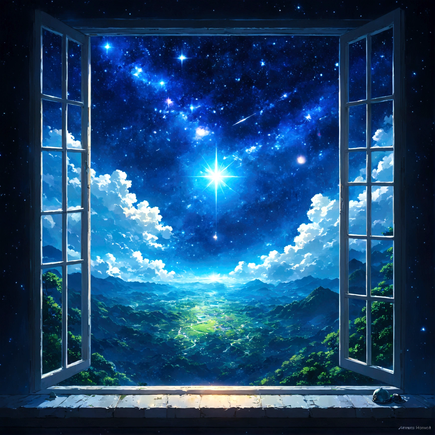 近未来的なuniverseステーションの巨大なwindow。There、Breathtakingly beautiful、漆黒のuniverse空間but広butっている。無数のstar々but、Shining like diamond dust、In the distance、色とりどりのstar雲but渦巻いている。window枠には、かすかにEarthの青い光but反射し、universeの広大さとEarthの尊さを同時に感じさせる。手前に置かれたuniverse飛行士のHelmetには、windowの外の景色but映り込み、universeへの憧憬と、It evokes some melancholic feelings。美しいAnime Scenery, Landscape painting, Beautiful digital painting, Andreas Rocha, Beautiful artwork illustration, Awesome Wallpapers, Raymond Han, Tall beautiful paintings, Studio Ghibli Makoto Shinkai, Beautiful Wallpapers, Anime Scenery, universe, universeステーション, window, star, star雲, Earth, Helmet