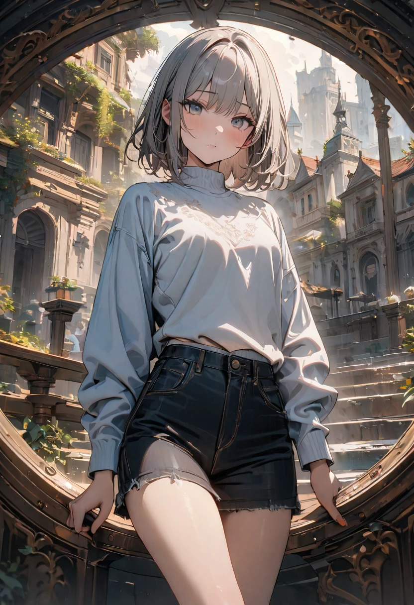 she wears a fitted t-shirt The t-shirt should have long sleeves and a mock neck, (masterpiece, best quality, 8K:1.3), (ultra-detailed, high resolution:1.2),(illustration),((an extremely delicate and beautiful)),(detailed background),