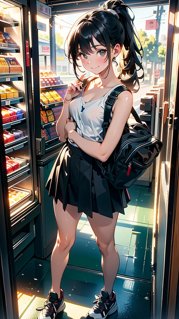 (8K, RAW Photos, 最high quality, masterpiece:1.2), high qualityのRAWカラー写真, Professional photo shoot, Cinematic Light, alone, (((young woman, Gal))), (Sharp features), (Small face), (Skin with attention to detail:1.2), clavicle, Cute face, Beautiful appearance, Long eyelashes,Girl Turning Around, smile, (Black Hair, Long straight line), Jersey, Denim mini skirt, sneakers, Backpack, Night Park, Confident attitude, Capture the happy moment, Artistic painting,Attractive thighs, (A very fine touch:1.2),はにかんだsmile), Peaceful atmosphere, Oil painting style, Bright colors, (Are standing:1.5, Inside a convenience store, Full body portrait), Smooth texture, Gazing Eyes, Beautiful Skin, Shiny skin, ((Perfect Fingers, Five Fingers, Anatomically correct)), Background Blur, high quality, Surreal, ((Very detailed, photo shoot)),A large number of people、blush、plump、Open shirt、Showing her boobs、Beautiful breasts、Small breasts、Beautiful Abs