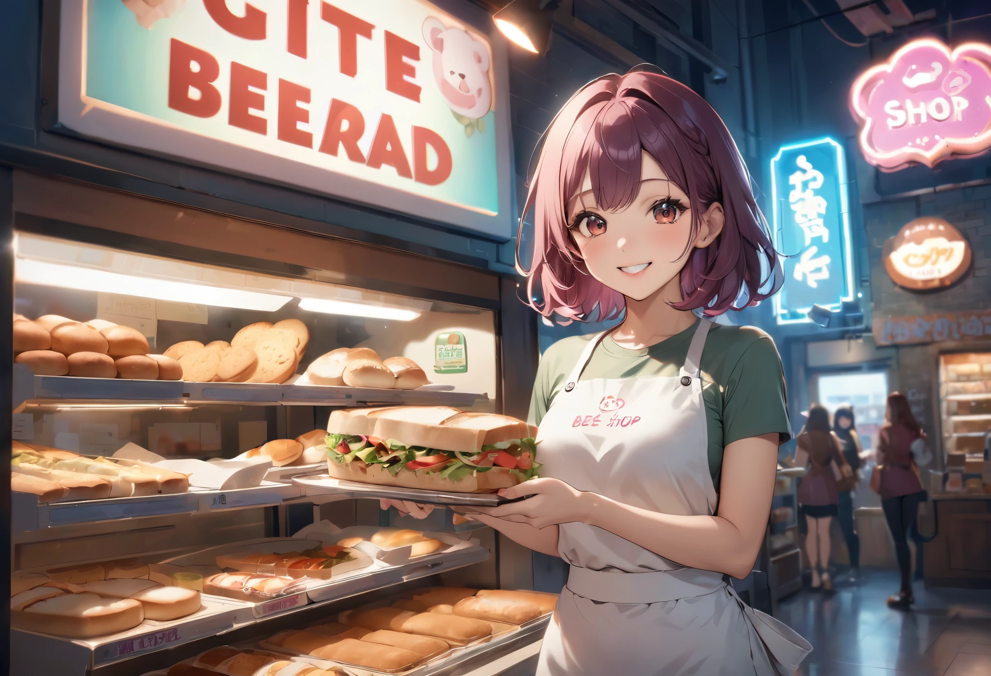 Bread店，A pretty girl，Female shop assistant，Happy smile，beautiful face，制作Sandwiches，_Give，A cute bear shop sign on the wall，小熊Bread，neon light，Bread，biscuit，Sandwiches，Salad，Bottled drinks，anime，Nice background，Depth of Field，CG unity，illustration，