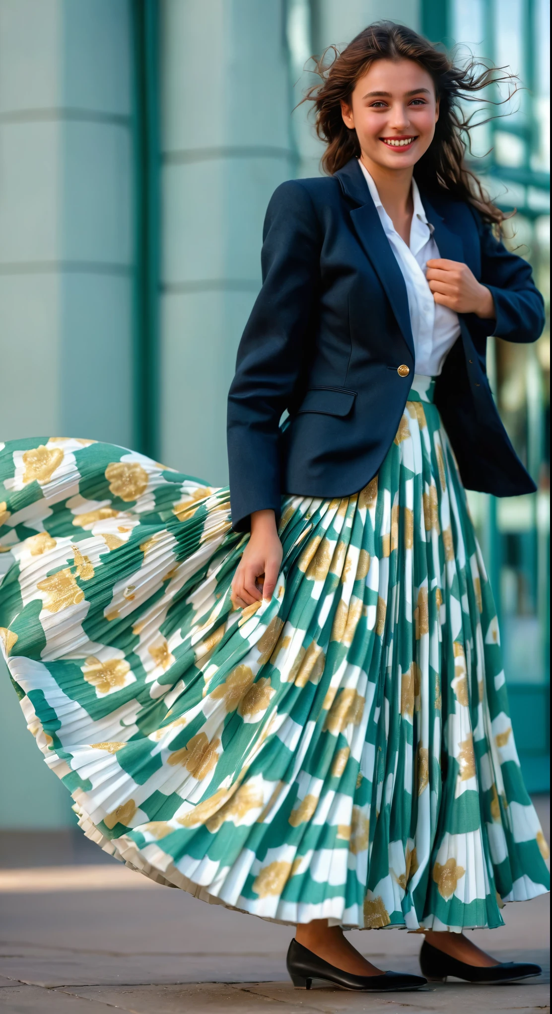 A smiling, authentic, (shy:1,3), kind, beautiful woman, is passionately in love with her skirt, wind wildly lifts her skirt, wearing uniform jacket and very, very detailed (long (fully pleated) full circle skirt) and (low heeled court shoes), very, very intricate hyper-detailed symmetric (attractive graceful young feminine face) with (sad, tired eyes and a loving smile), very voluptuous breasts, full of empathy and compassion and love, (pronounced (feminine) features), (highly detailed ultra accurate realistic) hands and fingers, (windy), epic composition, highly detailed attributes, (35mm f1.4 Kodak portra 400 photograph), extremely high quality RAW photograph, highly detailed atmosphere, sci-fi, cinematic shot, dynamic lighting, 75mm, Technicolor, Panavision, cinemascope, sharp focus, fine details, 8k, HDR, realism, realistic, key visual, film still, superb cinematic color grading, depth of field