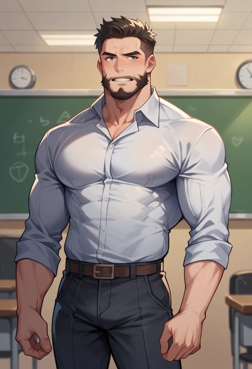 A young boy like teacher ,teach students ,thin beard black,looking like superhero,class room ,