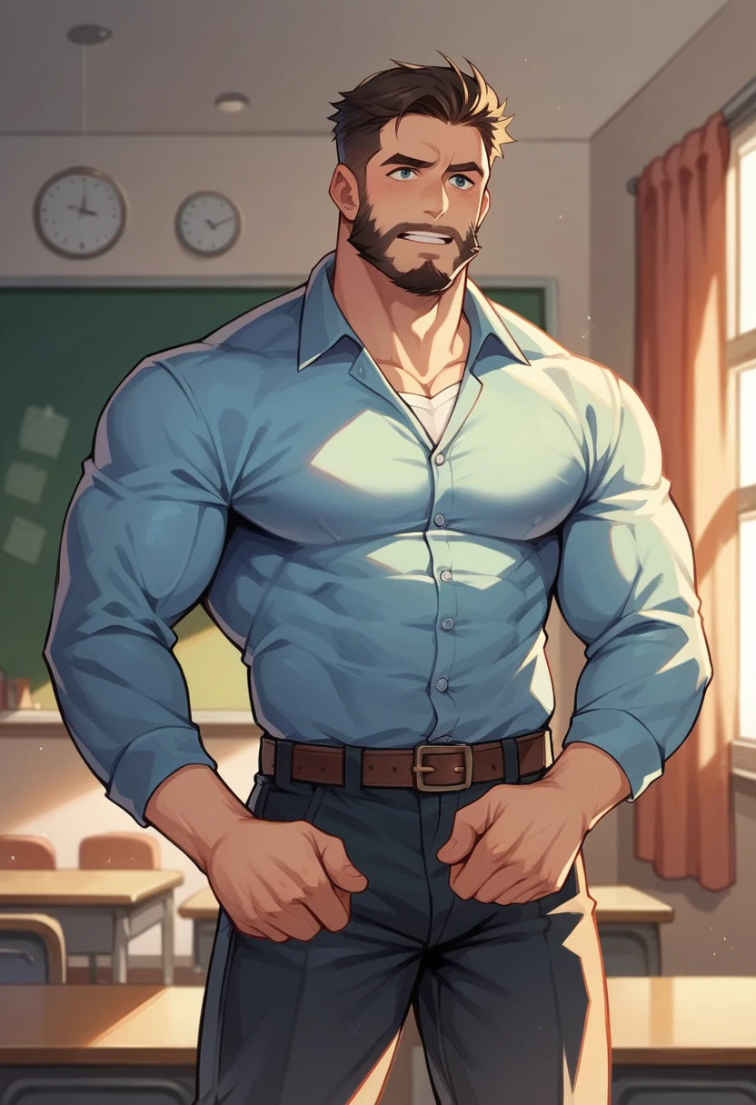 A young boy like teacher ,teach students ,thin beard black,looking like superhero,class room ,