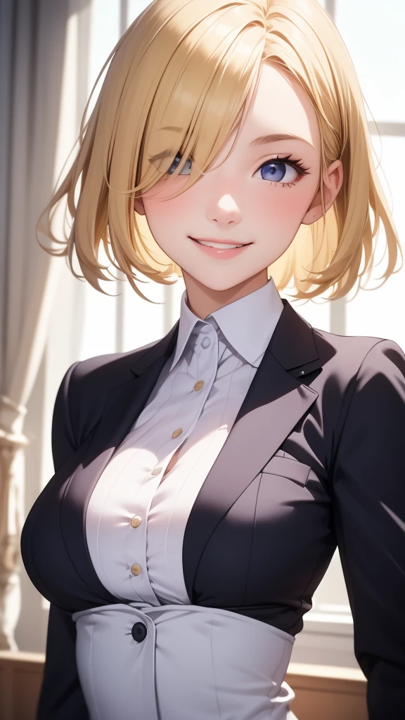 European girl portrait,alone,20-year-old,Beautiful Face,Upper Body,Hair on one eye,Medium Sidecut, Blonde, Sharp focus,Black business suit,Hotel,Big Breasts,smile